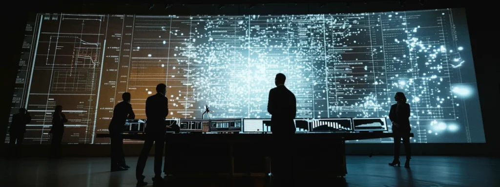 A diverse group of individuals gathered in front of a projection screen, engaged in analytics discussion and collaboration.