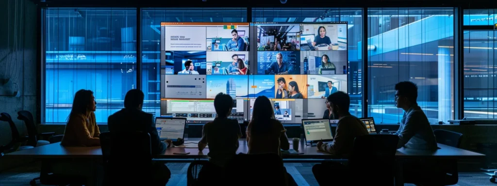 Team members at desks, attentively viewing a large screen that highlights the best proposal software for enhanced productivity.